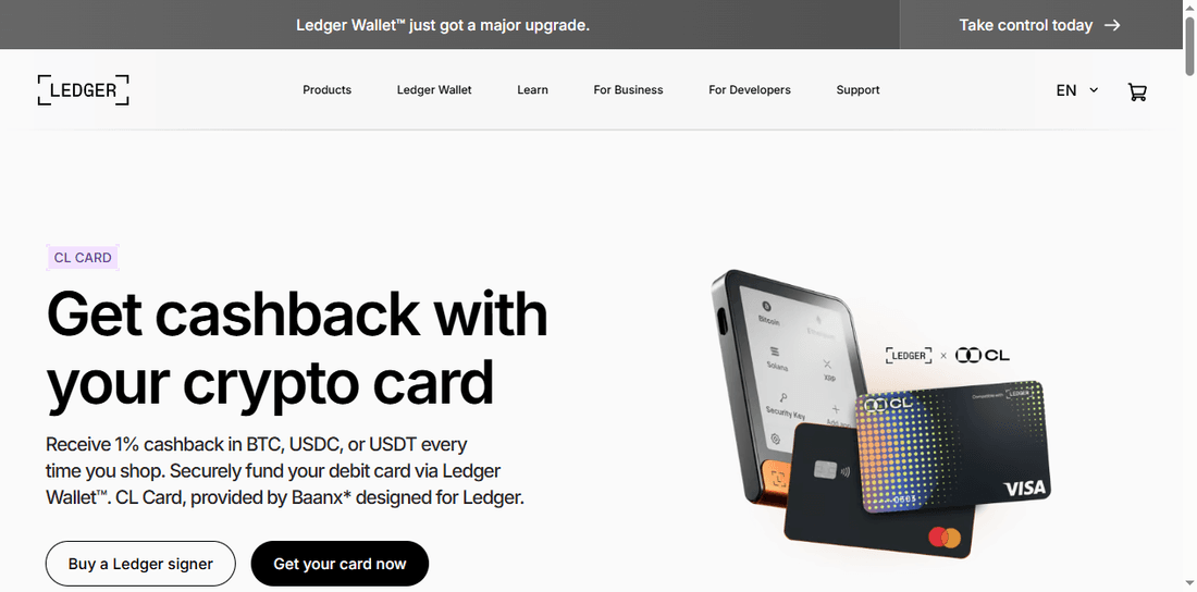 Ledger Crypto Life (CL) Card shown with the Ledger Wallet app