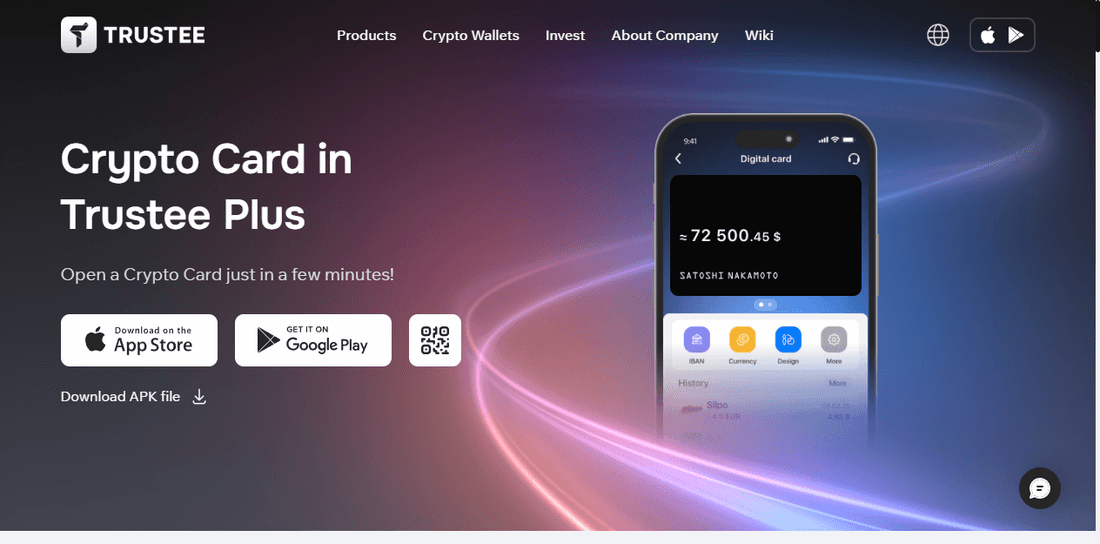 Trustee Plus crypto card and app interface